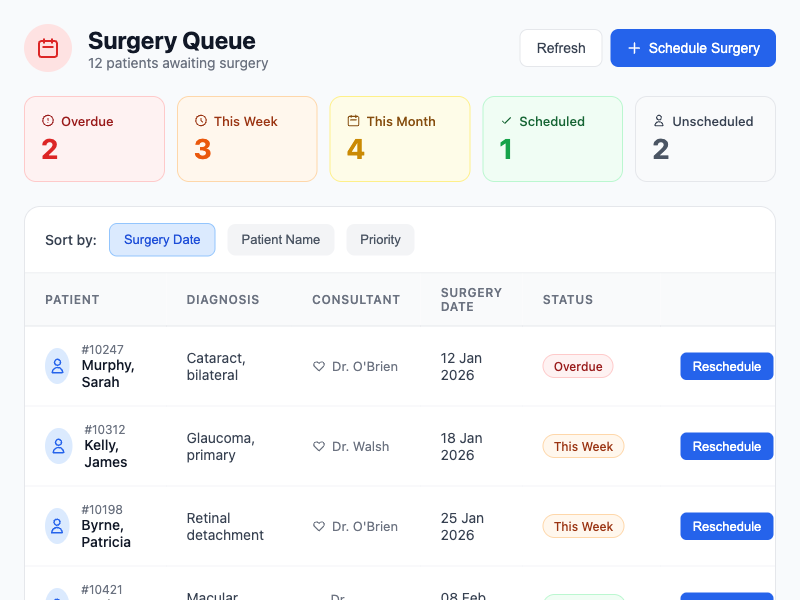 Surgical queue dashboard built for a Galway clinic