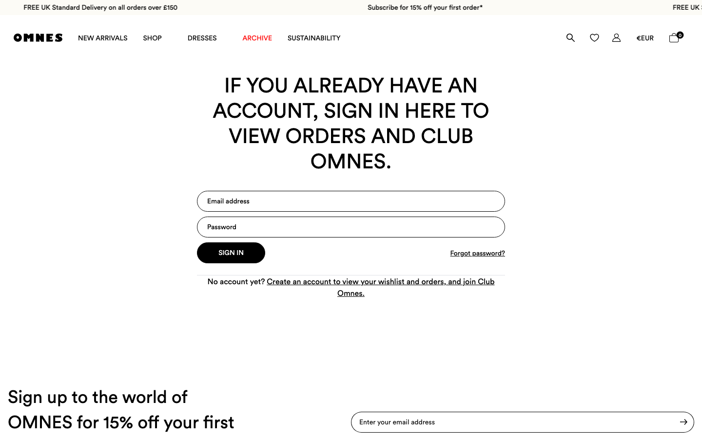 OMNES account login page with email and password fields, sign-in button, and a Create Account link.
